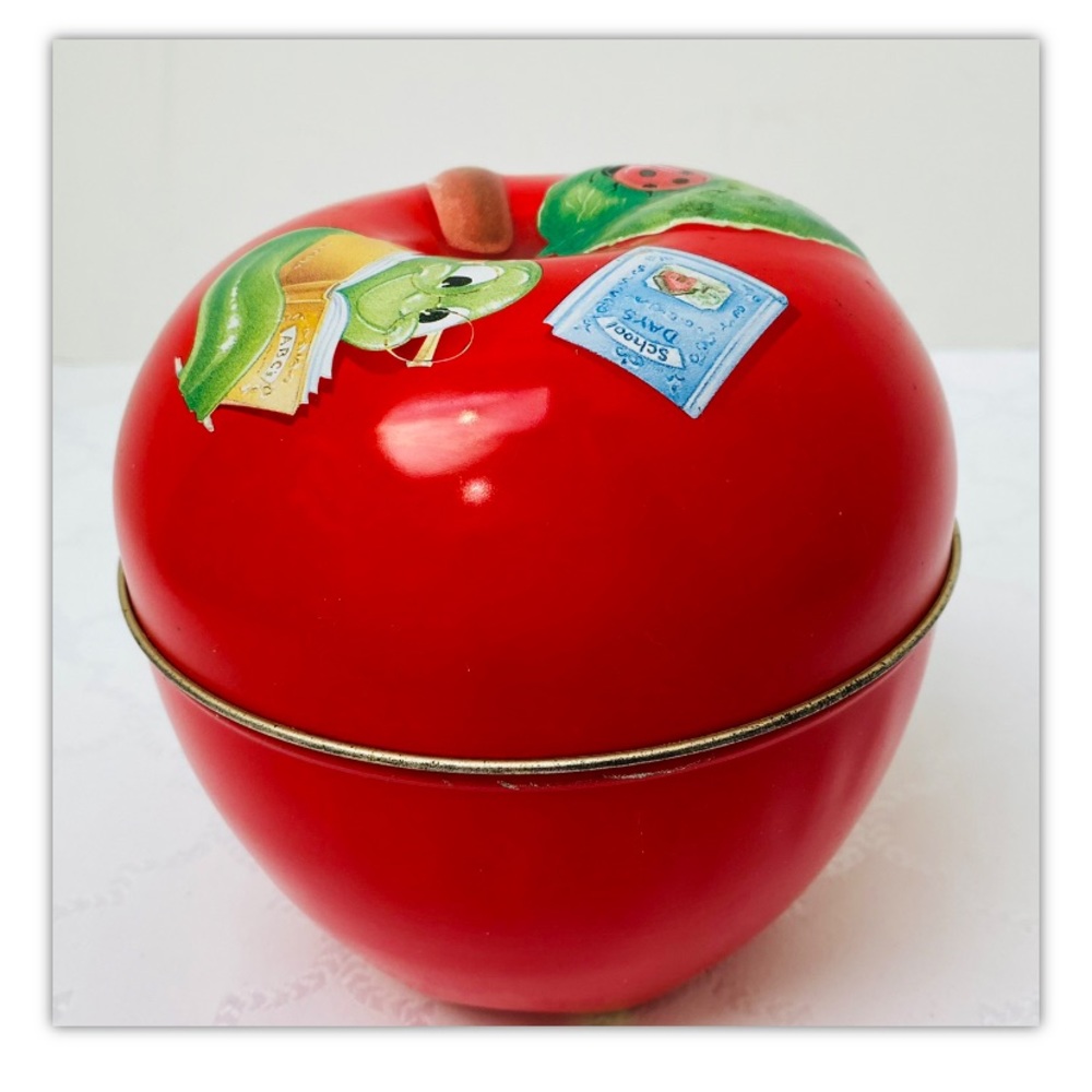 Vintage Apple Metal Tin 5” Red Apple Storage Tin /Decoration with Reading Worm.